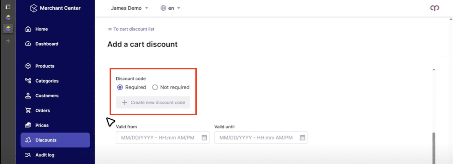 discount code requried for creating a cart discount in commercetools