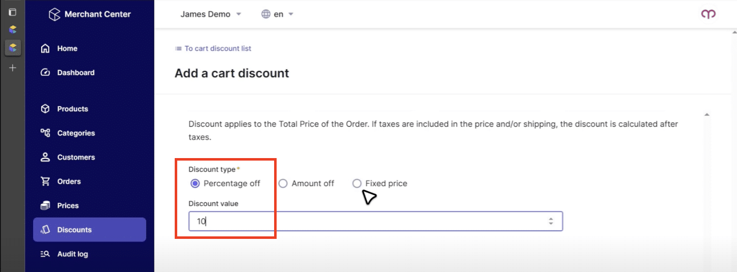 Percentage off for creating a cart discount in commercetools