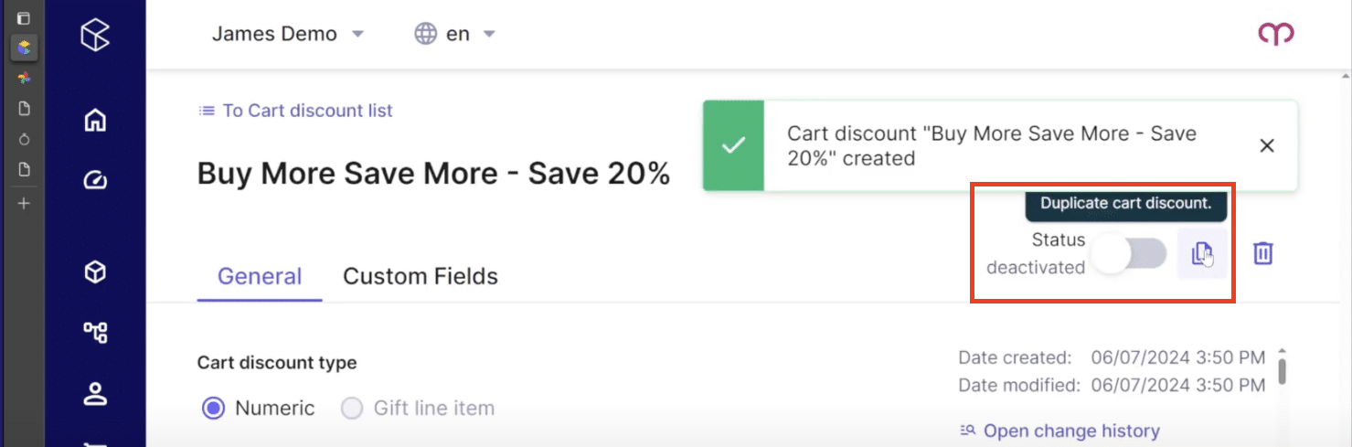 duplicate cart discount for create a Buy More Save More promotion in commercetools