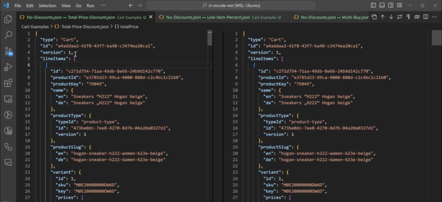 total price discount cart JSON for how each commercetools discount impacts the Cart JSON