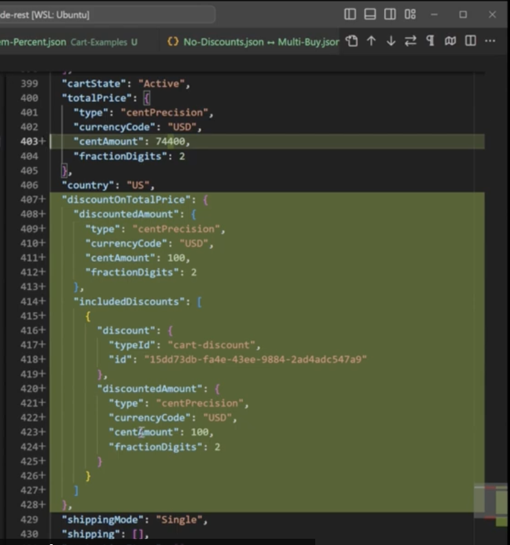 discount on total price entry for how each commercetools discount impacts the Cart JSON