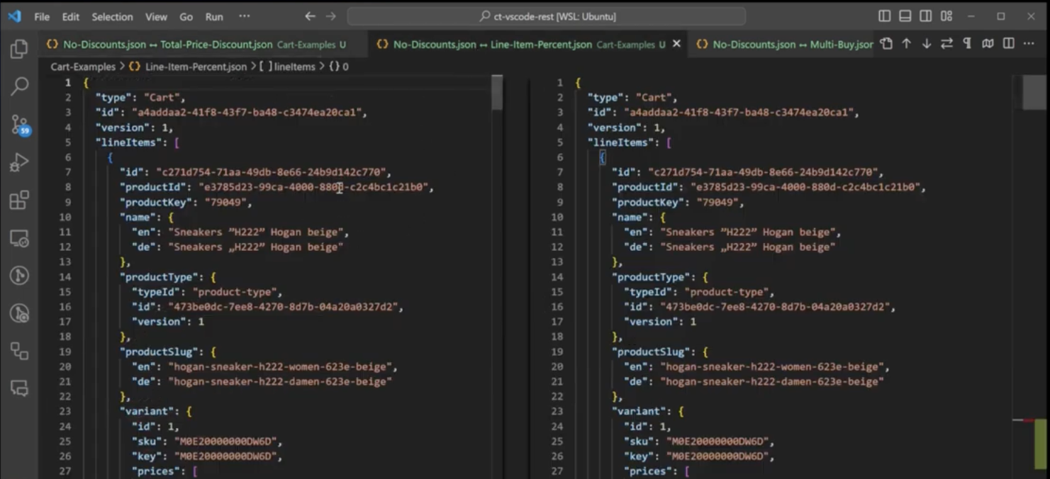 line item discounts for how each commercetools discount impacts the Cart JSON