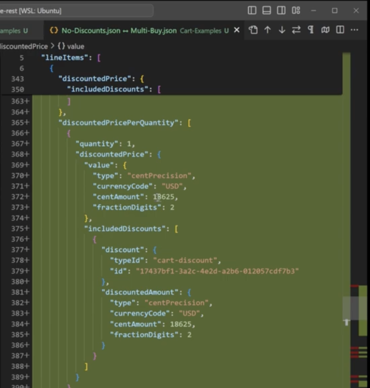 multi-buy differences in the JSON for how each commercetools discount impacts the Cart JSON