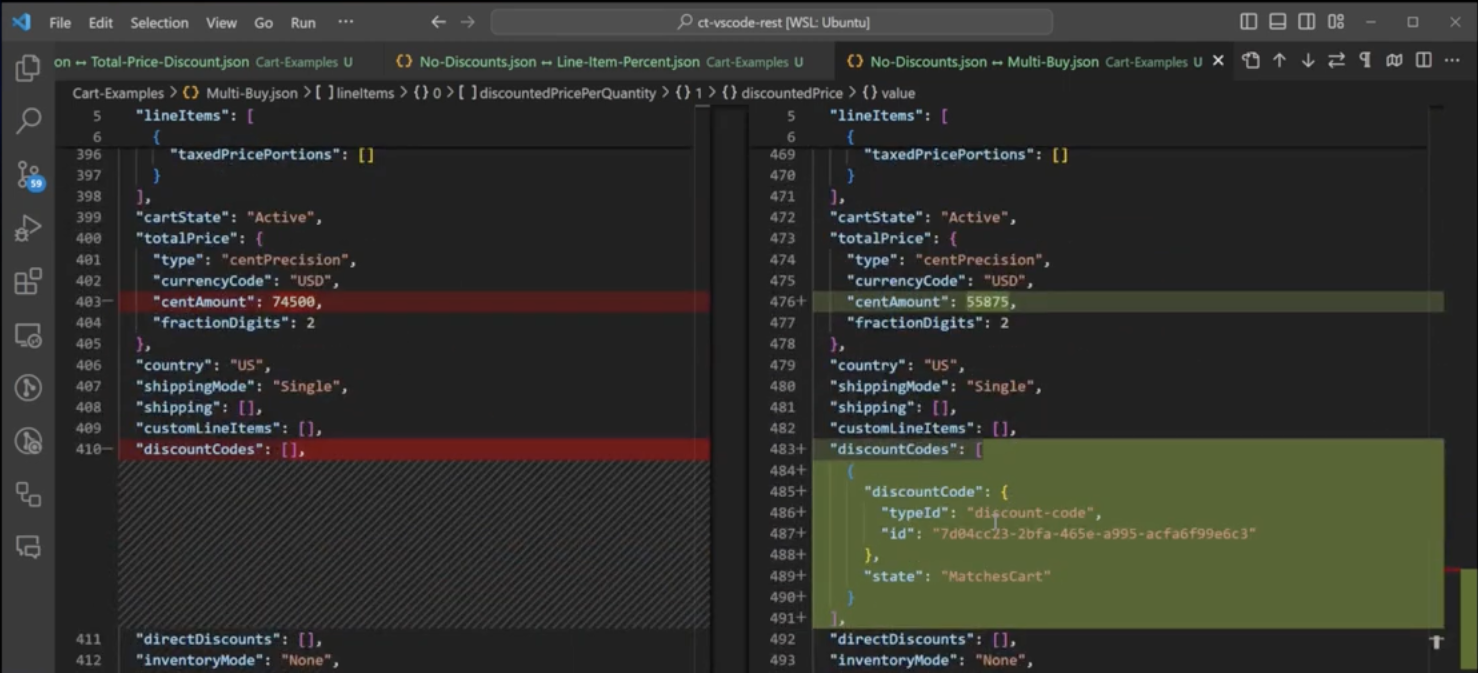 discount code on the JSON for how each commercetools discount impacts the Cart JSON