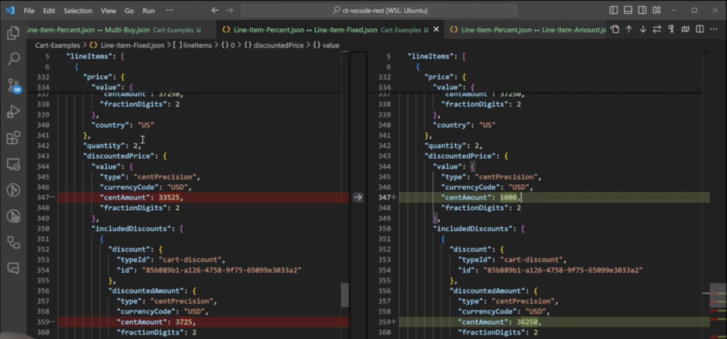 10% off vs. $10 off for how each commercetools discount impacts the Cart JSON