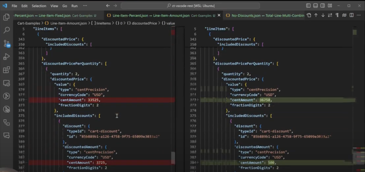 cart JSON differences for how each commercetools discount impacts the Cart JSON