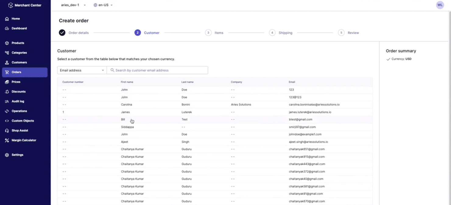 selecting a test customer from the customer list