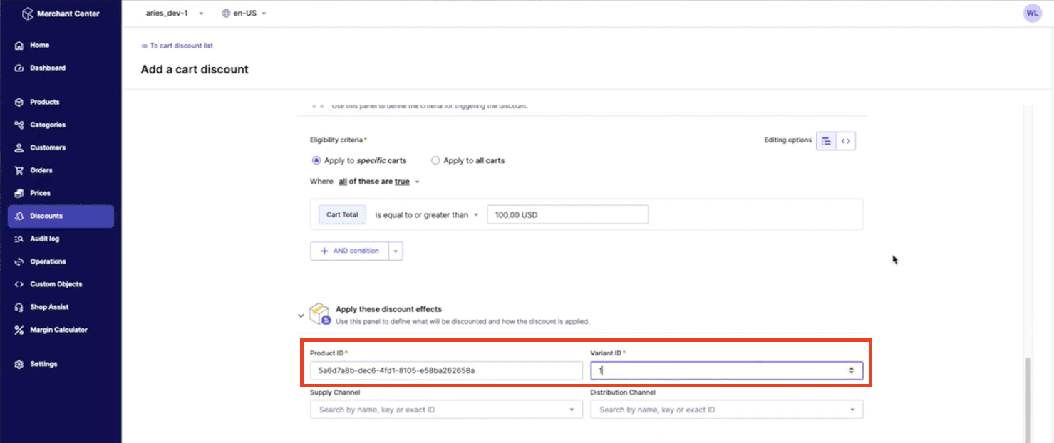 enter the product id and variant 