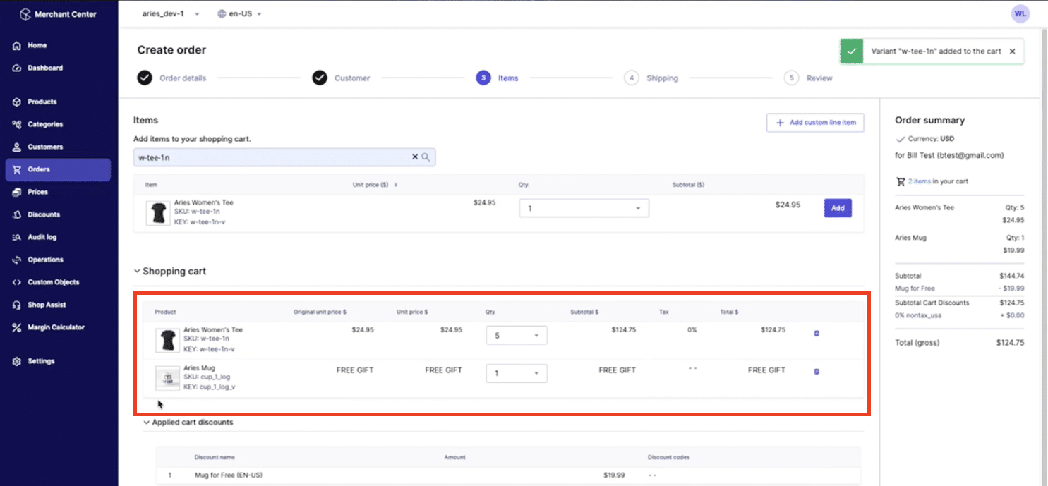 adding a fifth items triggers the free mug to be added to the cart for how to create a free gift with purchase in commercetools