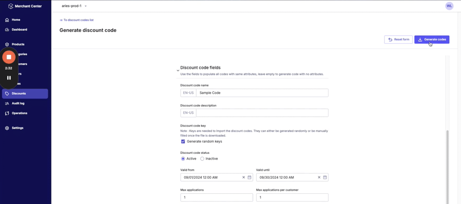 fill in all the fields for generating coupon codes in commercetools