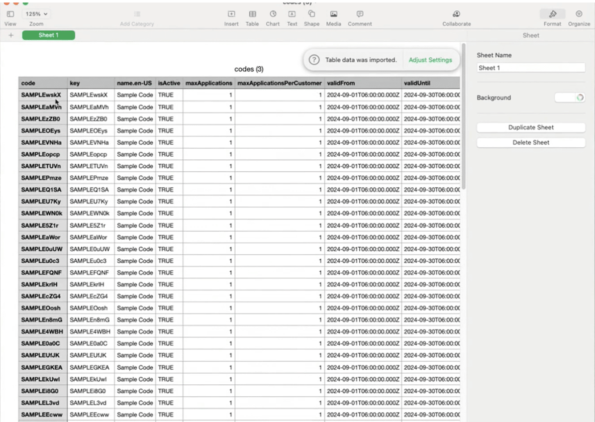 csv file of codes generated